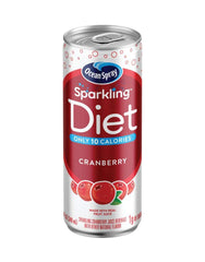 Ocean Spray Sparkling Diet Cranberry can front view highlights a low-calorie refreshment option.