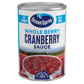 Ocean Spray Whole Berry Cranberry Sauce can front label highlights real fruit flavor
