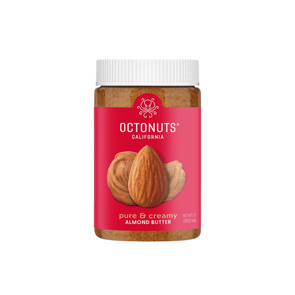 Octonuts almond butter jar close-up shows creamy texture for quick snacks.