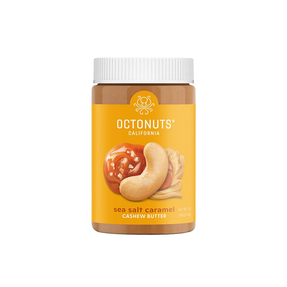 OCTONUTS dry roasted sea salt caramel cashew jar, rich flavor for spreading and snacking.