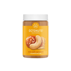 OCTONUTS dry roasted sea salt caramel cashew jar, rich flavor for spreading and snacking.