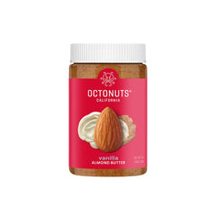 OCTONUTS Vanilla Almond Butter jar shows creamy, spreadable texture for easy snacking.
