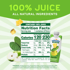 Odwalla Green Juice glass shows apple, orange, and pineapple flavors.