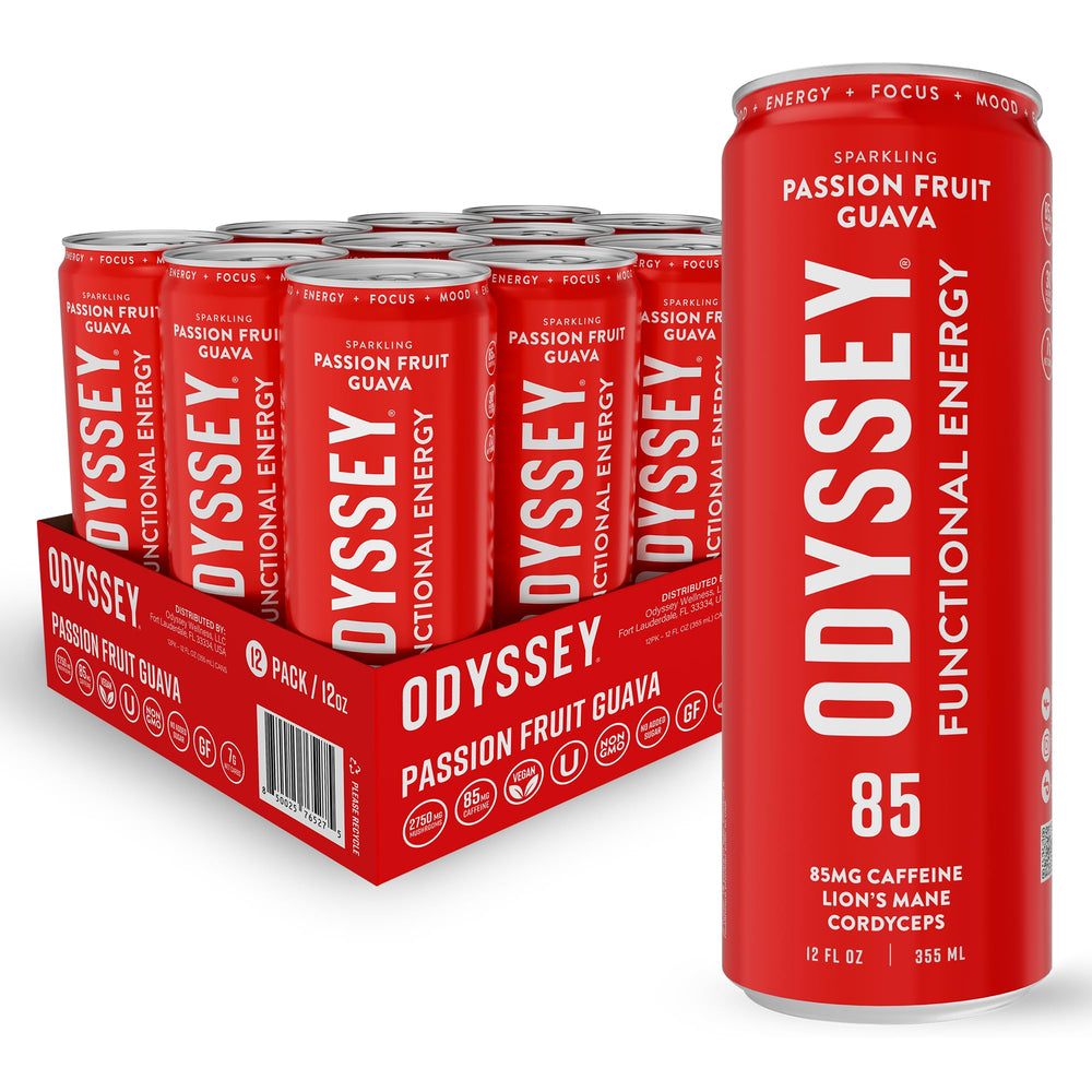 Odyssey Elixir can front label showing clean energy for focus and mood support