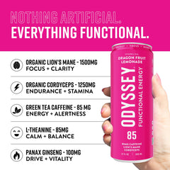 Odyssey Elixir dragon fruit lemonade glass showcases refreshing taste with sustained alertness.