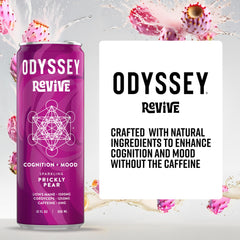 Odyssey Elixir Revive being poured into a glass shows fizz and prickly pear flavor.