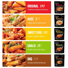 O’Food Tteokbokki Garlic pack with savory sauce on chewy rice cakes.
