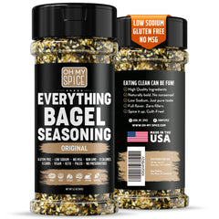 Oh My Spice Everything Bagel Seasoning bottle adds bold gluten-free flavor to meals.
