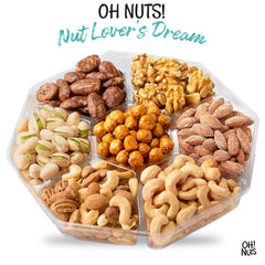 Oh! Nuts assorted nuts tray closeup highlights texture and freshness for snacking.