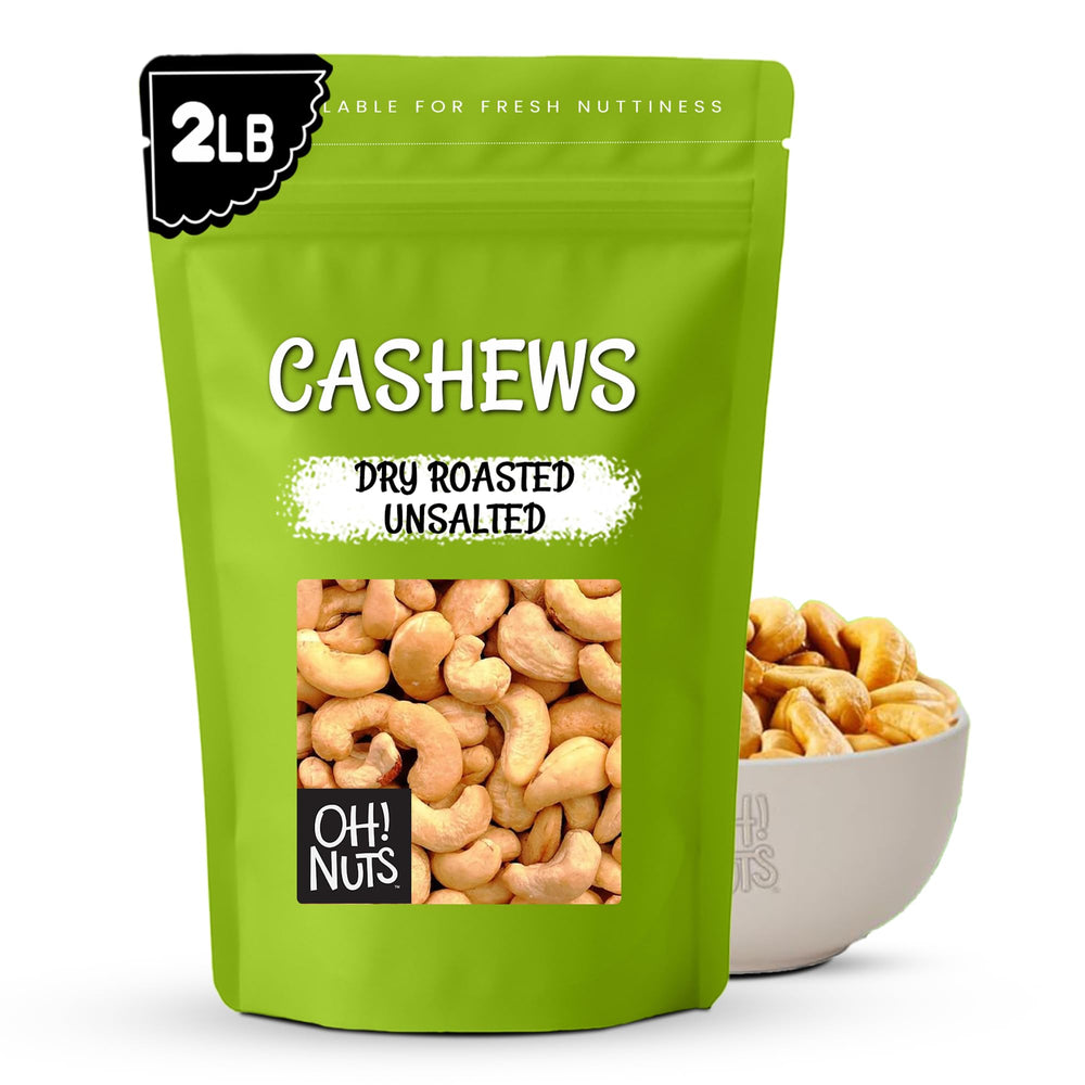Oh! Nuts roasted unsalted cashews bulk bag shows fresh dry-roasted crunch.