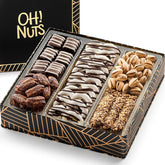 Oh! Nuts gift basket top view with chocolates and nuts for gifting.