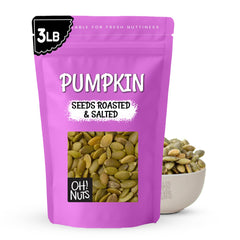 Oh! Nuts pumpkin seeds roasted salted in a 3 lb Zip-Seal bag for fresh snacking.