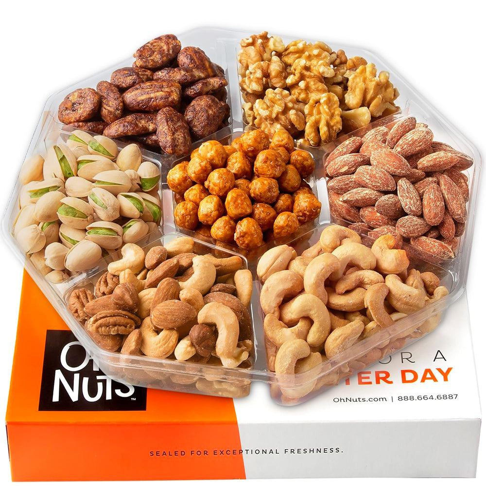 Oh! Nuts seven variety nuts gift basket overview showcases premium assortment for celebrations.