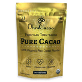 OHM Cacao raw powder bottle showing pure cacao ideal for baking and beverages.