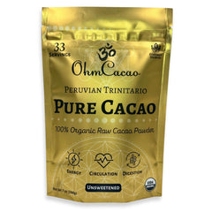 OHM Cacao raw powder bottle showing pure cacao ideal for baking and beverages.