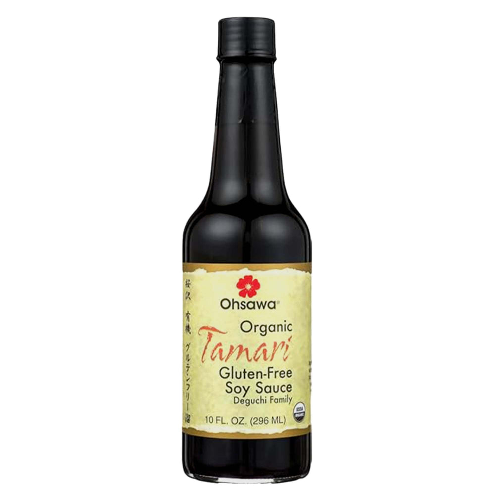 Ohsawa Organic Tamari bottle front showing rich color for marinades.
