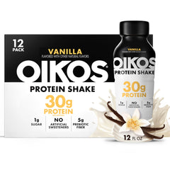 Oikos Vanilla Protein Shake bottle on shelf, 30g protein per serving
