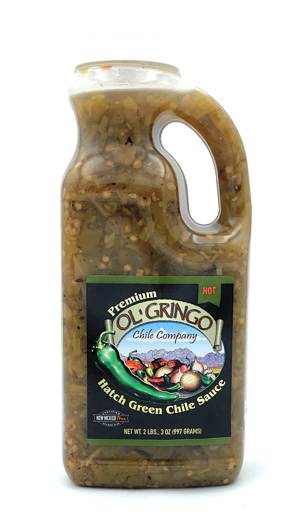 Ol' Gringo Premium Hatch Green Chile Sauce bottle with chunky texture for quick flavor boost.