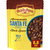 Old El Paso Santa Fe Black Beans microwavable pouch with corn and chiles for quick meals.