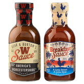 Old Florida Sauce Co. W Sauce bottle pouring over steak for bold flavor.