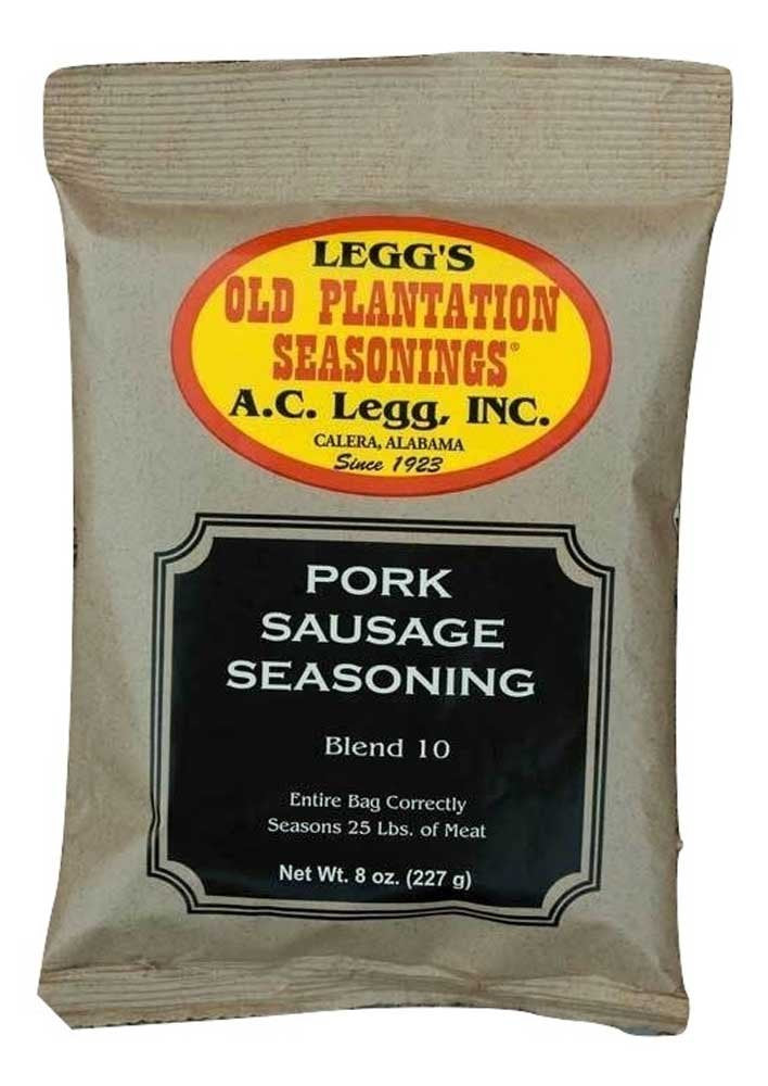 Old Plantation A C Legg 10 pork sausage seasoning bag front ideal for 25 lb batches