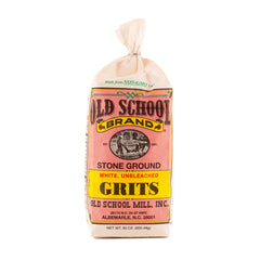 Old School Brand stone-ground white corn grits in bag, gluten-free and non-GMO.