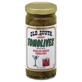 Old South Tomolives jar front view, ideal garnish for cocktails and relish trays.
