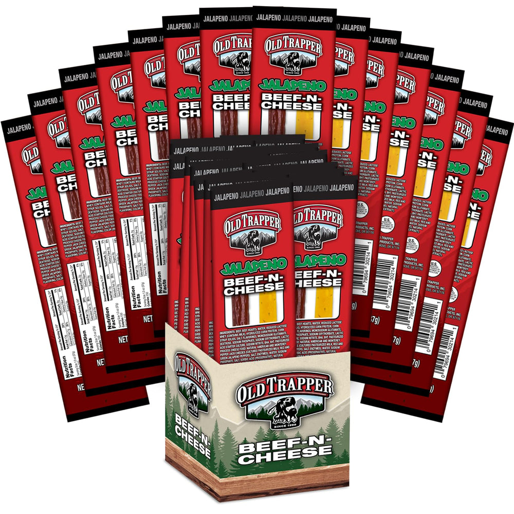 Old Trapper Beef-N-Cheese Jalapeño snack pack front label, convenient for lunches.