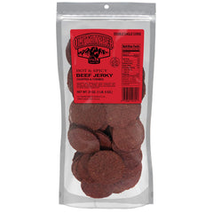 Old Trapper Double Eagle Hot & Spicy jerky pack, visible medallions, protein-rich snack