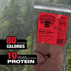 Natural wood-smoked texture on Old Trapper Double Eagle jerky, rich aroma
