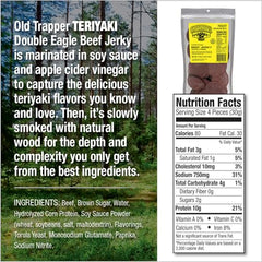 Close-up of tender, smoky teriyaki jerky slices from Old Trapper