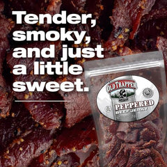 Old Trapper jerky close-up reveals pepper crust and satisfying texture