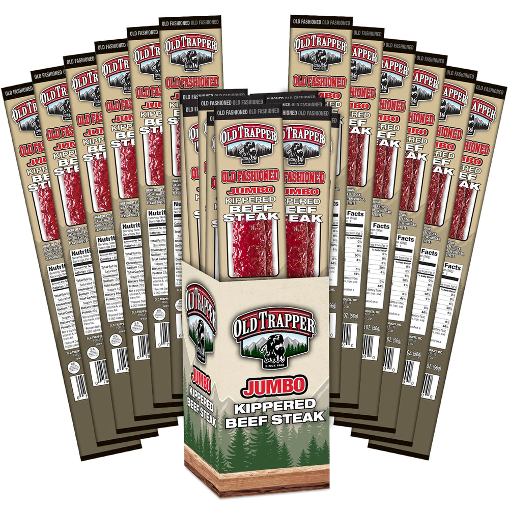 Old Trapper kippered steak jerky packaging with bold branding and premium flavor