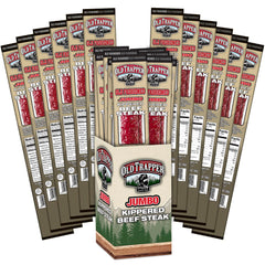 Old Trapper kippered steak jerky packaging with bold branding and premium flavor
