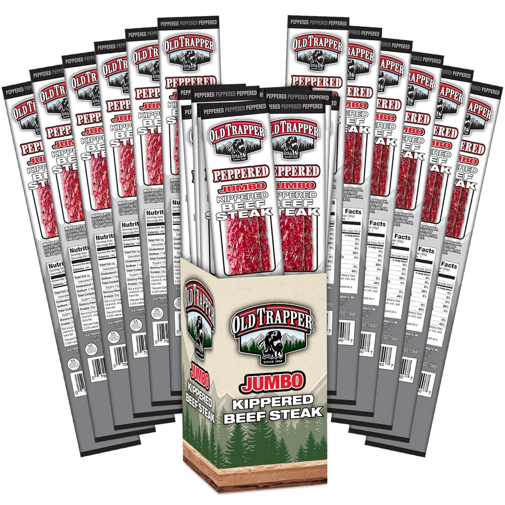 Old Trapper kippered steak peppered pack with convenient 2-ounce portions for on-the-go protein