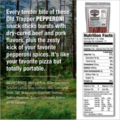 Close-up of Old Trapper Pepperoni Snack Sticks, smoky flavor ready to enjoy.
