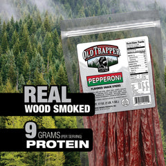Serving plate with Old Trapper Pepperoni Snack Sticks, tasty on-the-go option.