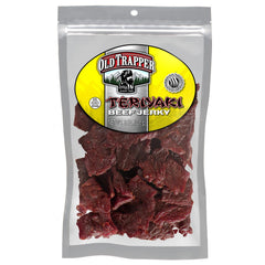 Old Trapper Teriyaki Beef Jerky front package, premium on-the-go snack.