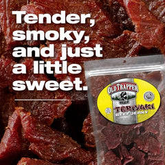 Old Trapper Teriyaki beef jerky nutrition label featuring 11g protein.