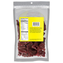 Old Trapper Teriyaki jerky slices close-up highlighting tender texture.