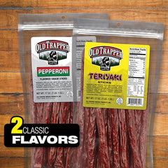 Old Trapper Teriyaki Snack Sticks packaging open for reseal and freshness.