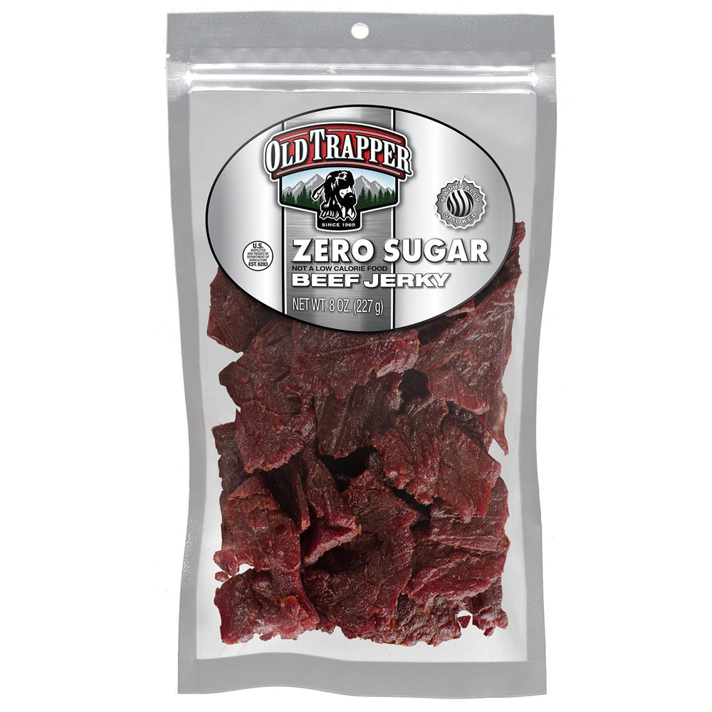 Old Trapper Zero Sugar Beef Jerky bag on counter, protein-packed snack for on the go.
