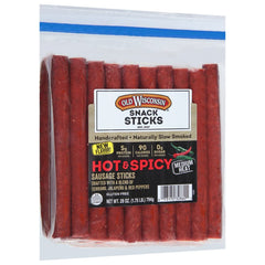 Old Wisconsin hot-spicy sausage sticks with natural hardwood-smoked aroma and chewy texture.