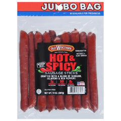 Old Wisconsin Hot & Spicy Twisted Snack Sticks in resealable pack for fresh snacking.