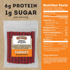 Old Wisconsin turkey sausage snack sticks close-up label showing premium cuts
