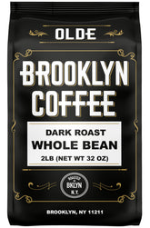 OLDE BROOKLYN COFFEE dark roast beans offer depth and chocolatey aroma for bold brews.