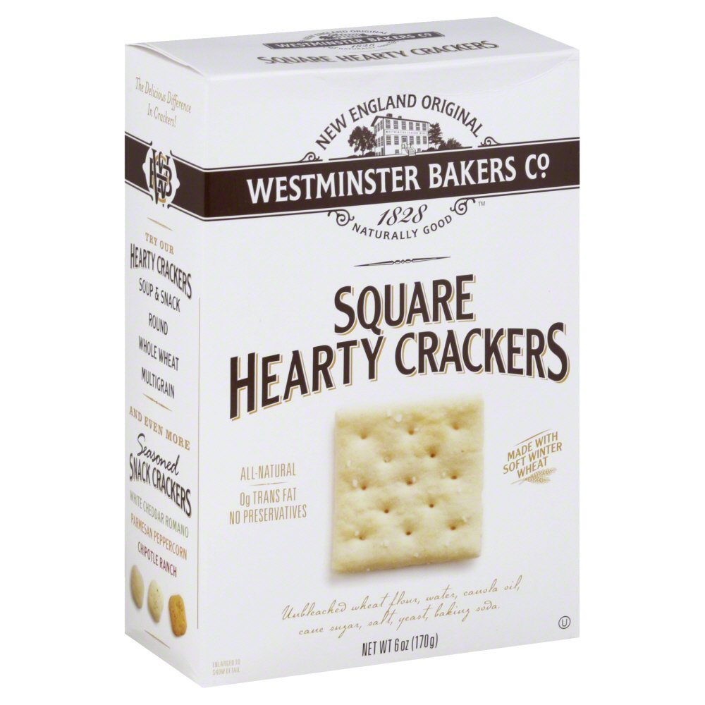 Olde Cape Cod Westminster Hearty Square Crackers in a 6 oz box for quick, satisfying snacking.