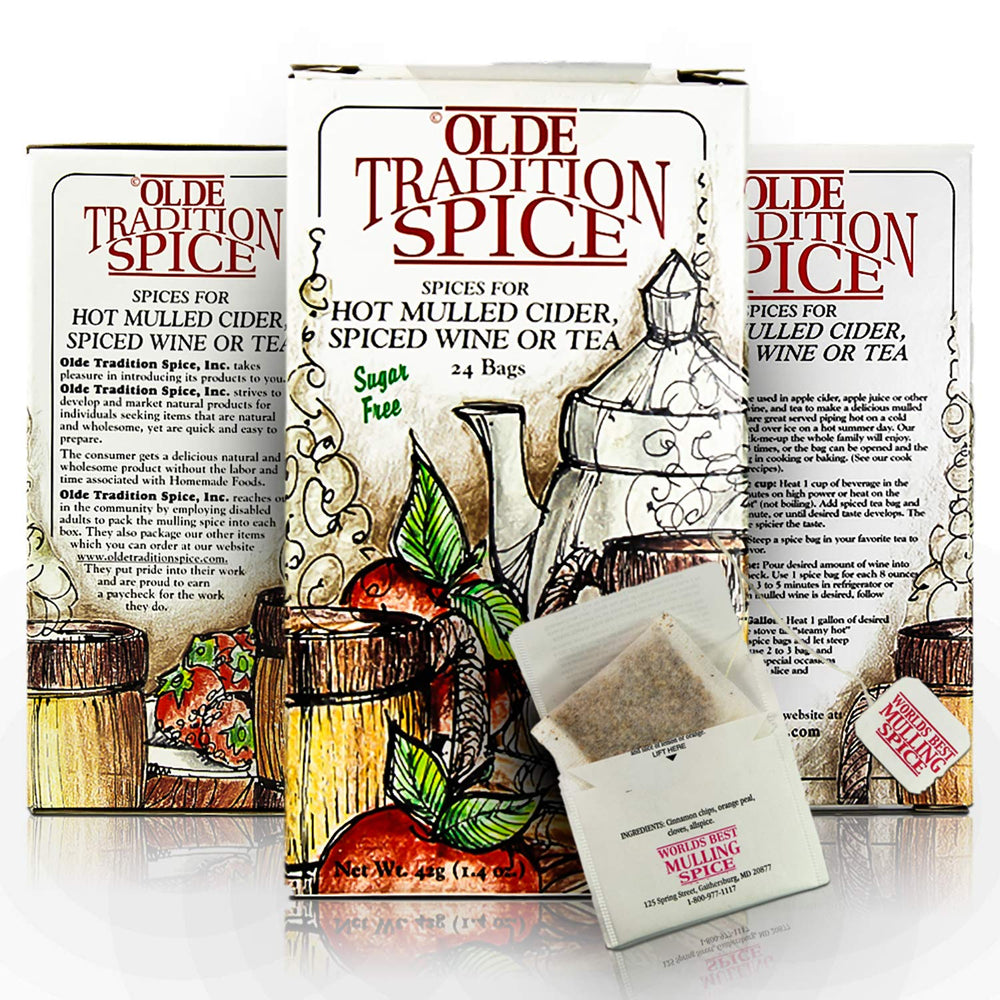 Olde Tradition Spice mulling tea bags being poured into mug for cozy warmth