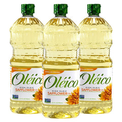 Oleico high oleic safflower oil bottle on shelf, ideal for high-heat cooking and dressings