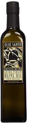 Olio Santo California olive oil bottle front, ready for cooking.
